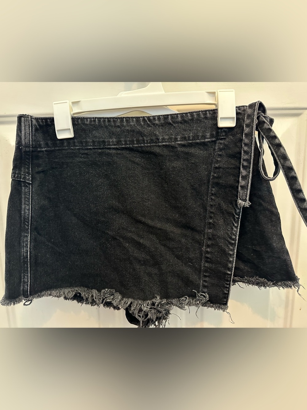 We The Free Black Raw Hem Wrap Denim Mini Skort
